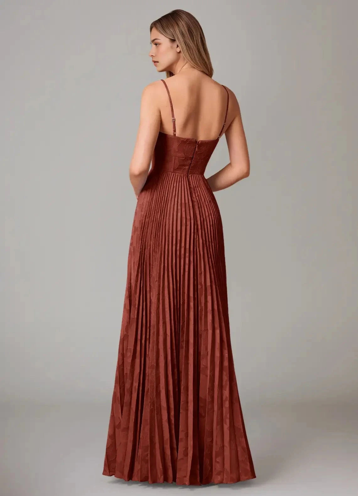 Rust Red Pleated Sweetheart Neck Maxi Dress with Side Slit A-Line Sweetheart Neckline Floral Burnout Dress Bridesmaid Dresses by YiHuiw