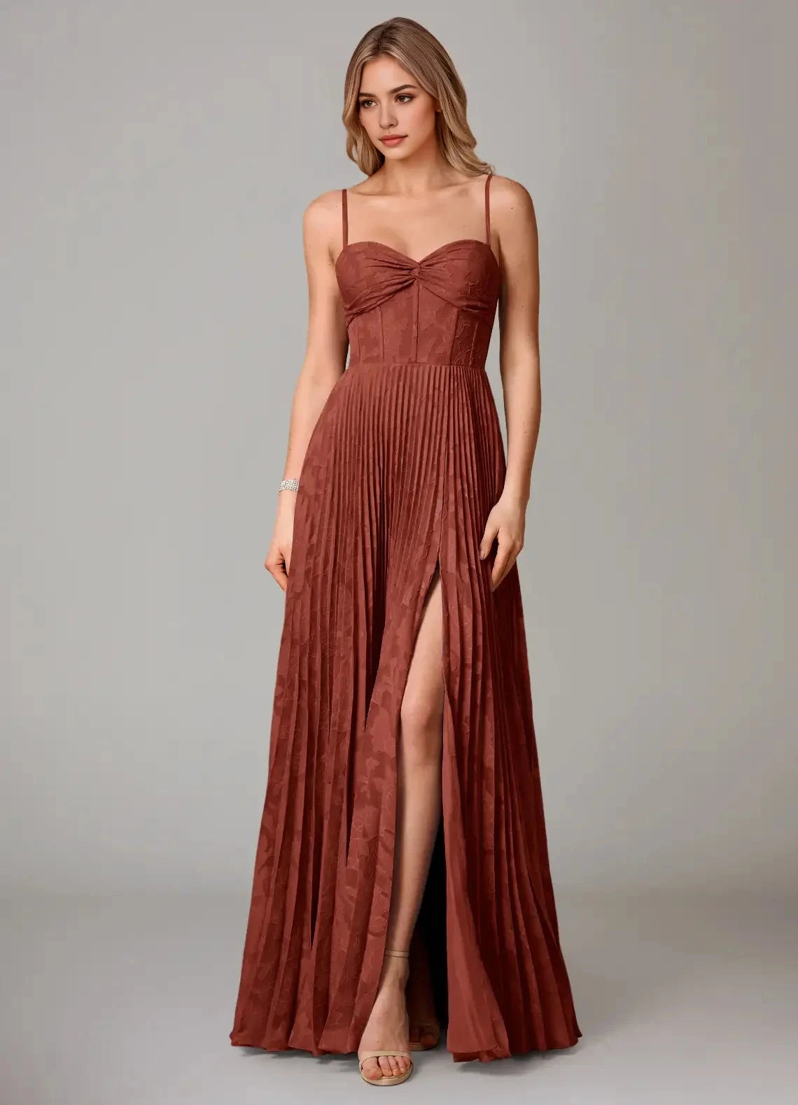 Rust Red Pleated Sweetheart Neck Maxi Dress with Side Slit A-Line Sweetheart Neckline Floral Burnout Dress Bridesmaid Dresses by YiHuiw