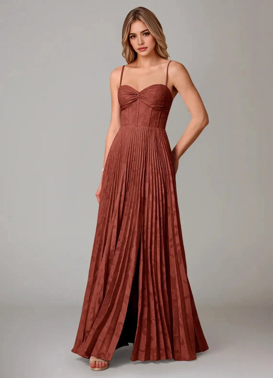 Rust Red Pleated Sweetheart Neck Maxi Dress with Side Slit A-Line Sweetheart Neckline Floral Burnout Dress Bridesmaid Dresses by YiHuiw