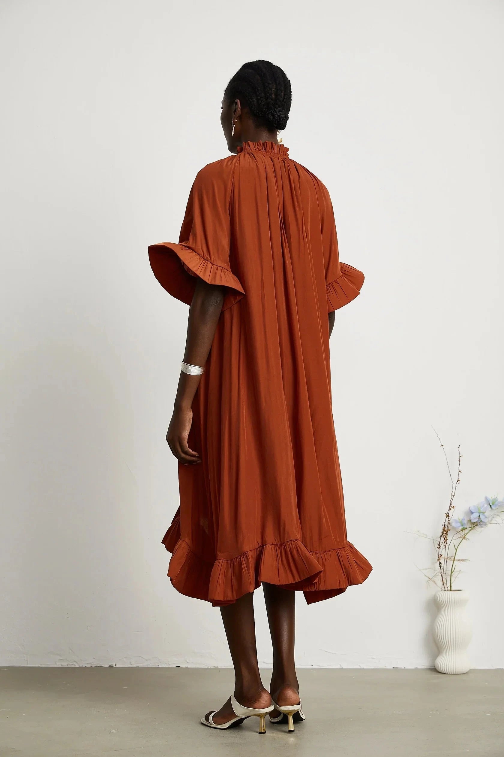 Rust Red Ruffled Midi Dress with Tie Neck ruffled midi dress Evening Dress by YiHuiw