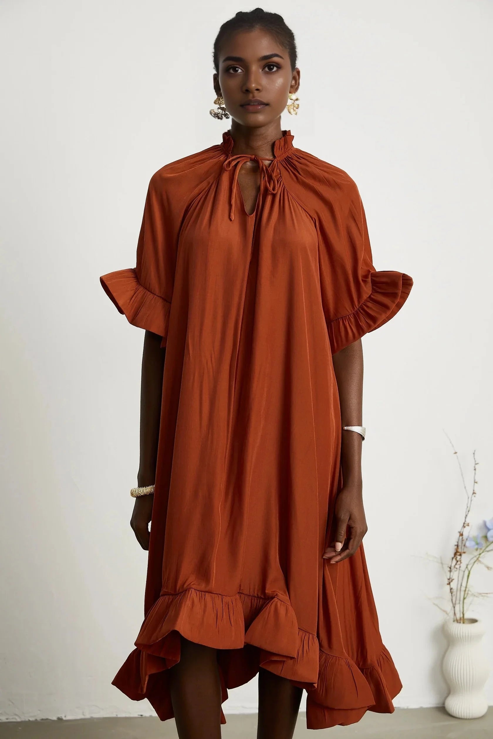 Rust Red Ruffled Midi Dress with Tie Neck ruffled midi dress Evening Dress by YiHuiw