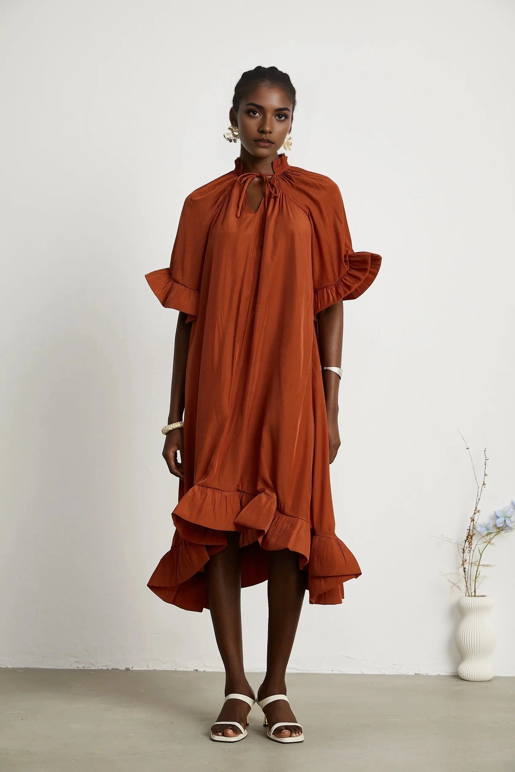 Rust Red Ruffled Midi Dress with Tie Neck ruffled midi dress Evening Dress by YiHuiw