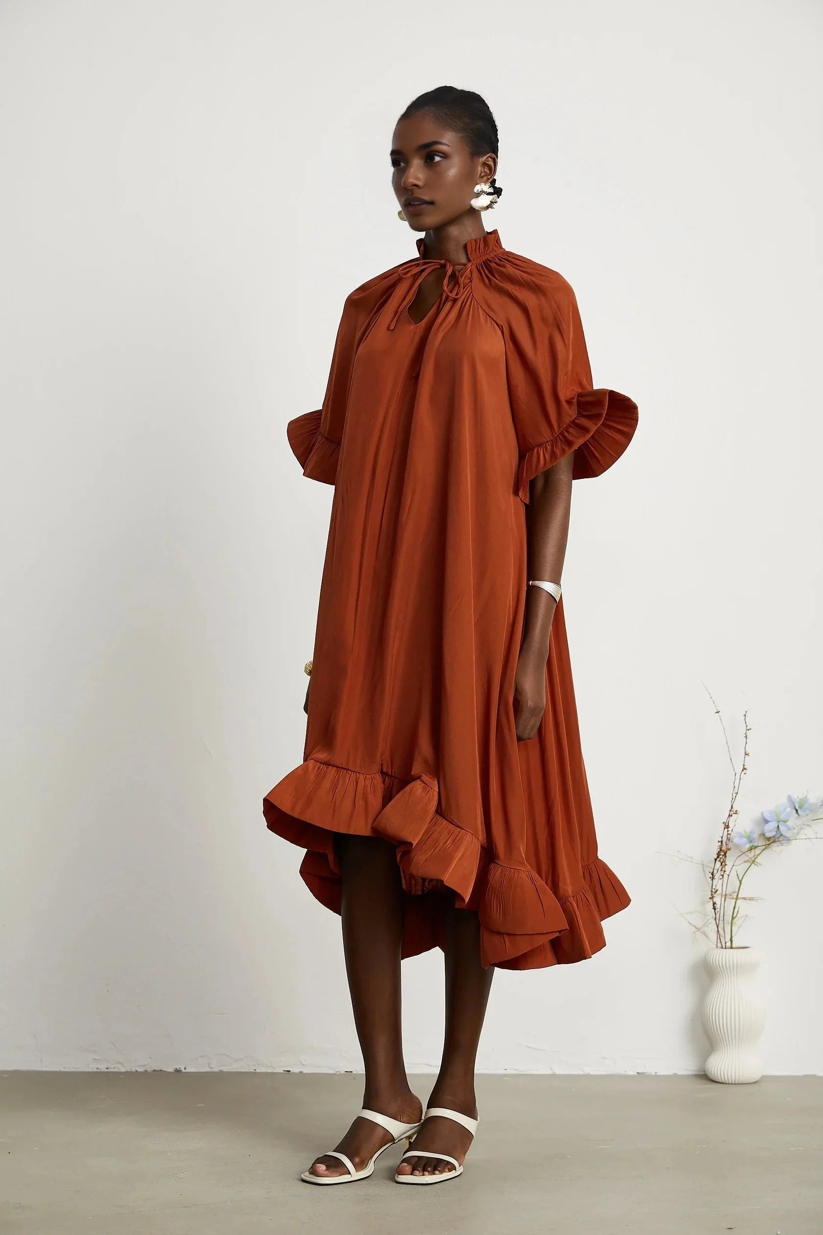 Rust Red Ruffled Midi Dress with Tie Neck ruffled midi dress Evening Dress by YiHuiw