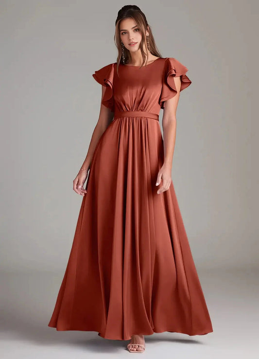 Satin Ruffled Sleeve Evening Dress A-Line Ruched Stretch Satin Floor-Length Dress Terracotta Bridesmaid Dresses by YiHuiw