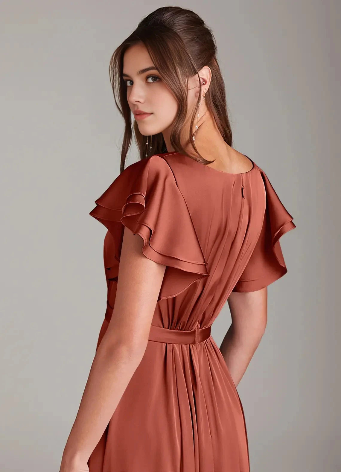 Satin Ruffled Sleeve Evening Dress A-Line Ruched Stretch Satin Floor-Length Dress Terracotta Bridesmaid Dresses by YiHuiw