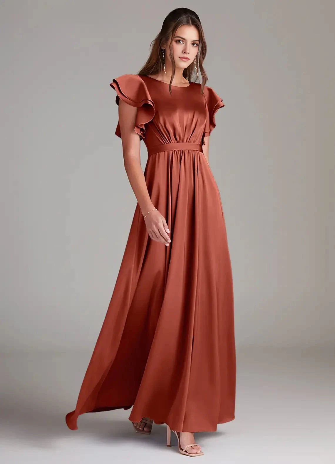 Satin Ruffled Sleeve Evening Dress A-Line Ruched Stretch Satin Floor-Length Dress Terracotta Bridesmaid Dresses by YiHuiw