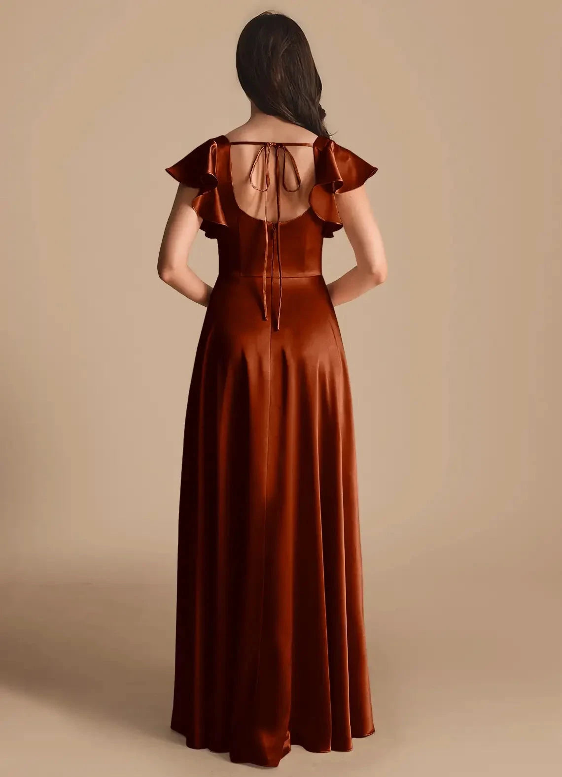 Rust Red Satin Square Neck Maxi Dress with Ruffled Sleeves and Side Slit A-Line Bow Metallic Satin Dress Bridesmaid Dresses by YiHuiw