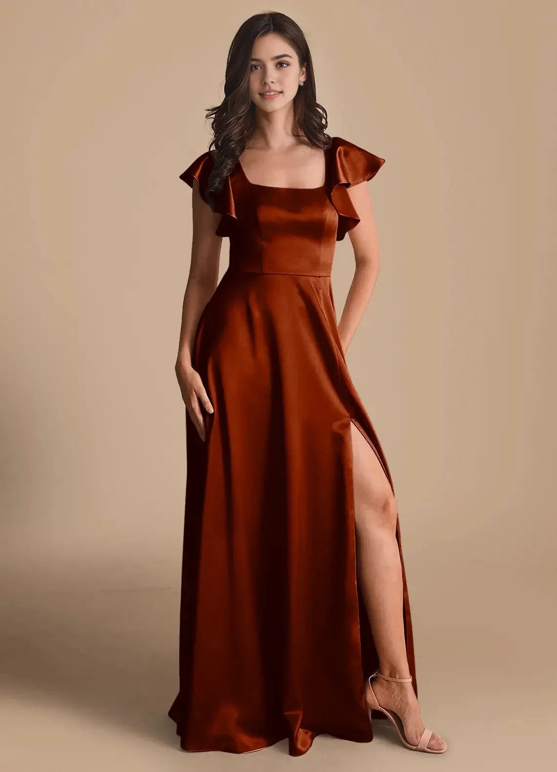 Rust Red Satin Square Neck Maxi Dress with Ruffled Sleeves and Side Slit A-Line Bow Metallic Satin Dress Bridesmaid Dresses by YiHuiw