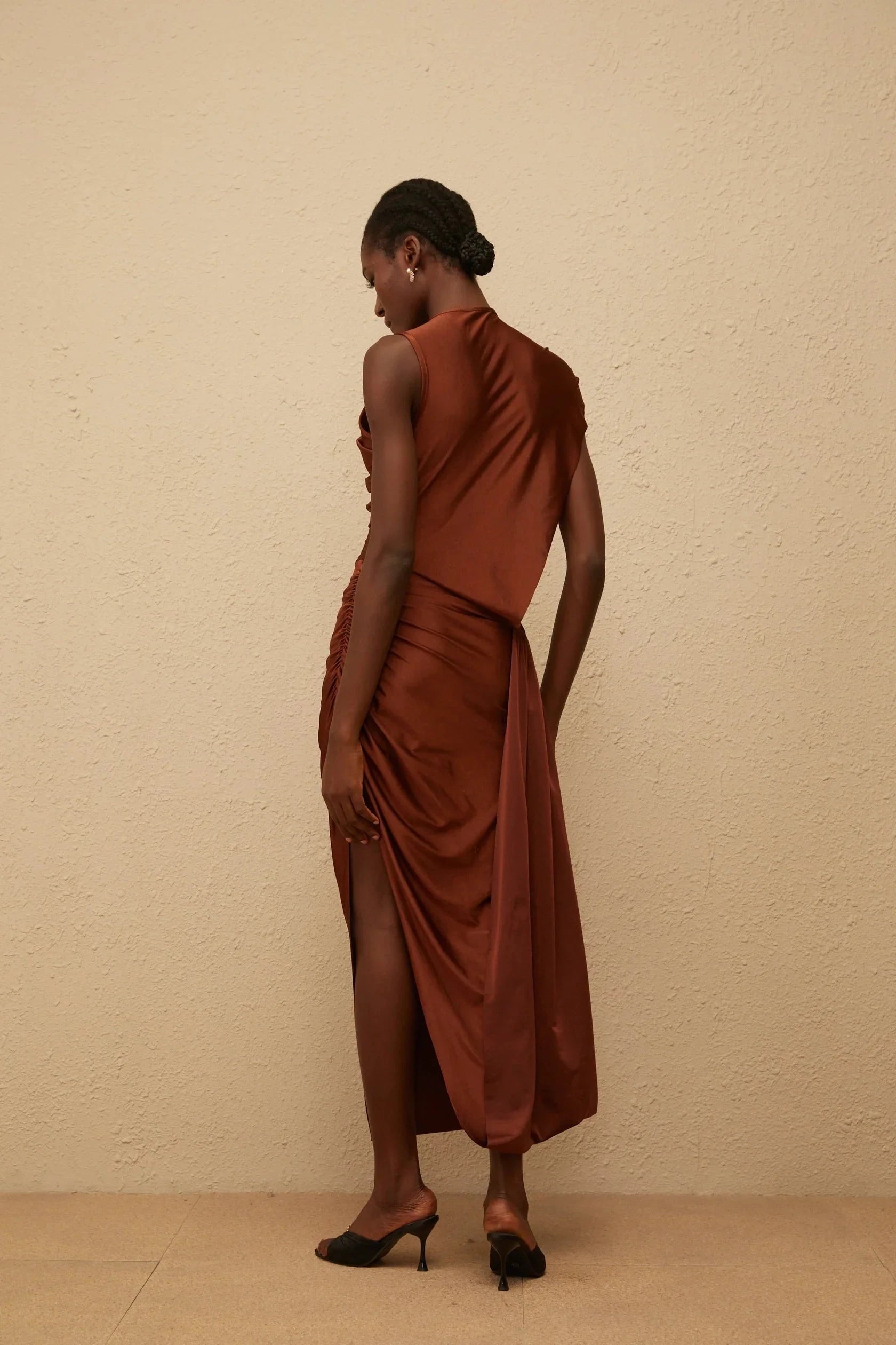 Rust Satin Asymmetric Midi Dress with Draping Reine Brown Asymmetrical Ruched Maxi Dress Evening Dress by YiHuiw