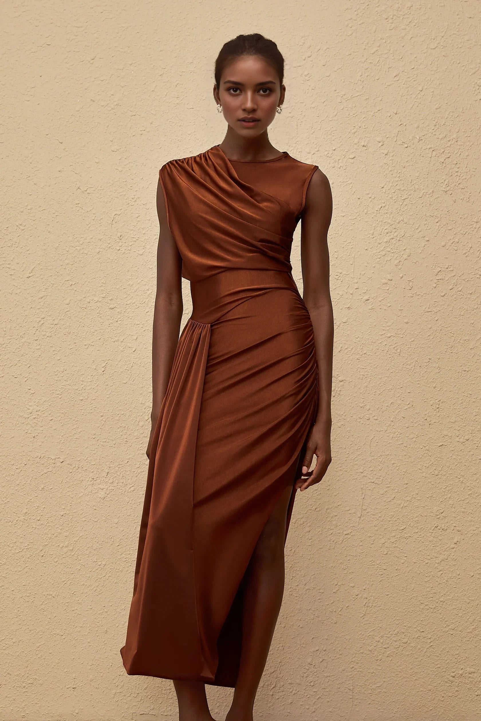 Rust Satin Asymmetric Midi Dress with Draping Reine Brown Asymmetrical Ruched Maxi Dress Evening Dress by YiHuiw