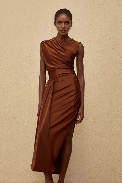 Rust Satin Asymmetric Midi Dress with Draping Reine Brown Asymmetrical Ruched Maxi Dress Evening Dress by YiHuiw