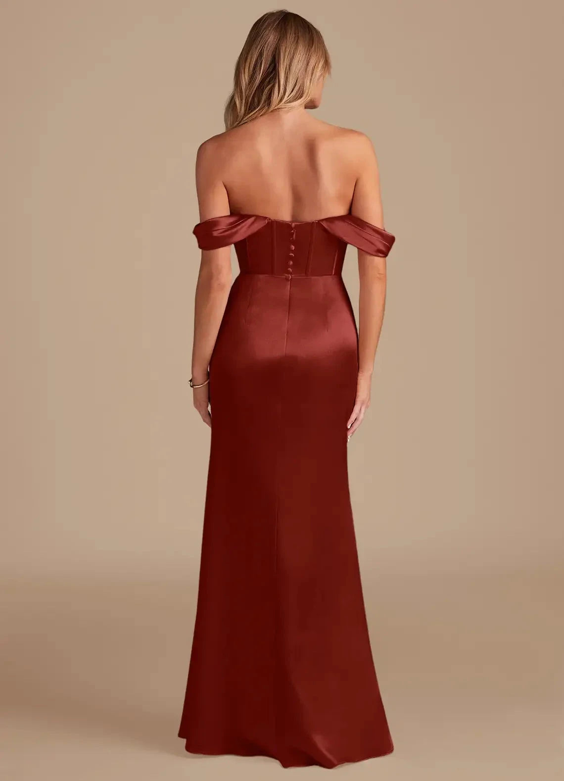 Rust Satin Off-Shoulder Maxi Dress with Side Slit and Corset Detail Terracotta Sheath Metallic Satin Dress Bridesmaid Dresses by YiHuiw