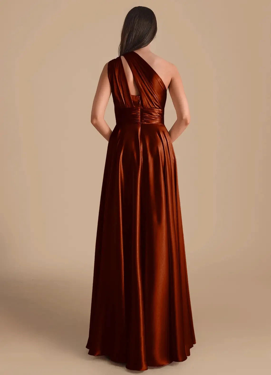 Rust Satin One-Shoulder Maxi Dress A-Line One Shoulder Metallic Satin Dress Bridesmaid Dresses by YiHuiw