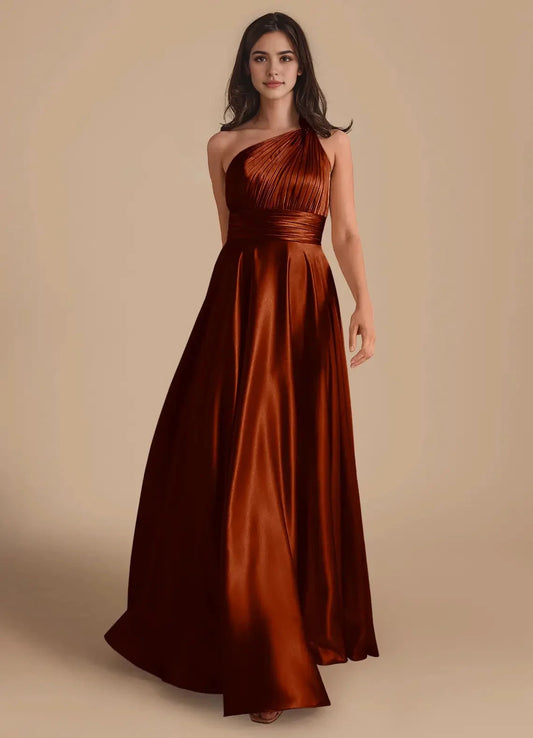 Rust Satin One-Shoulder Maxi Dress A-Line One Shoulder Metallic Satin Dress Bridesmaid Dresses by YiHuiw