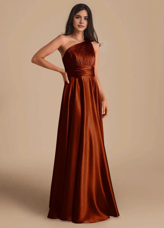 Rust Satin One-Shoulder Maxi Dress A-Line One Shoulder Metallic Satin Dress Bridesmaid Dresses by YiHuiw