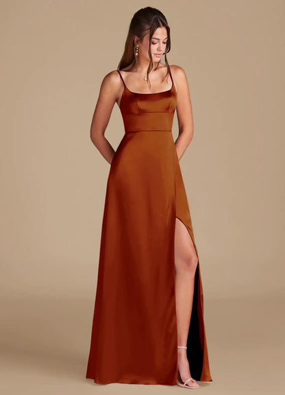 Rust Mermaid Spaghetti Strap Satin High Slit Floor-Length Wedding Dress - Yihuiw by Yihuiw