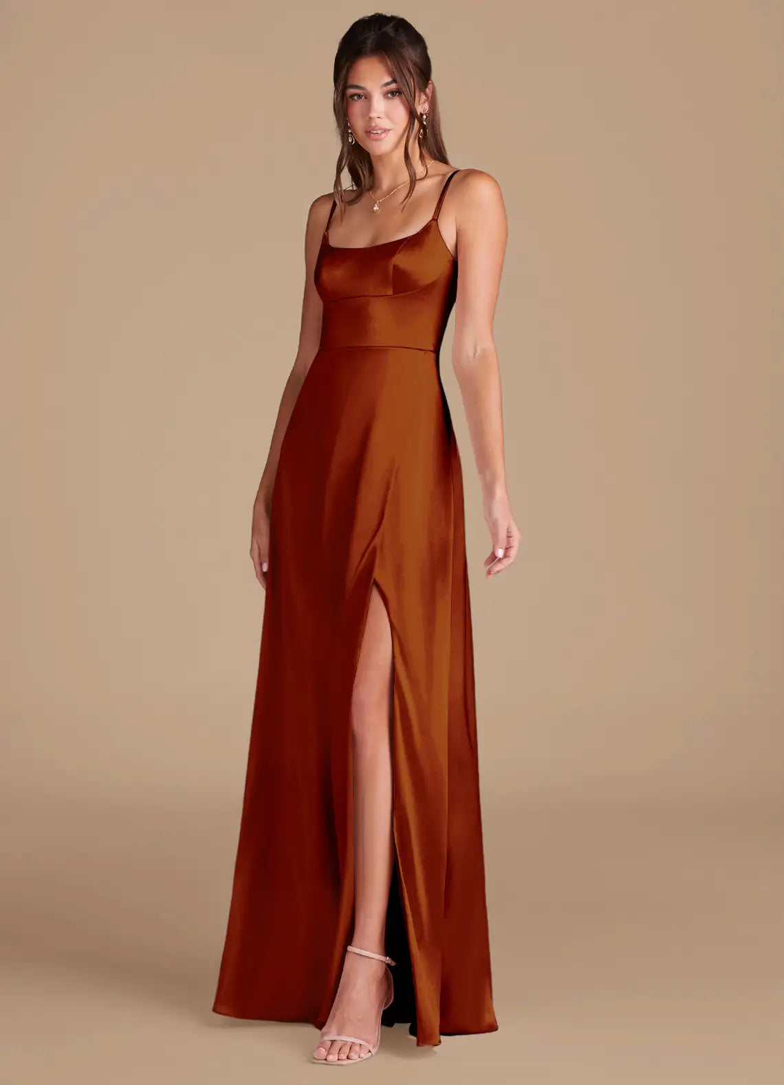 Rust Mermaid Spaghetti Strap Satin High Slit Floor-Length Wedding Dress - Yihuiw by Yihuiw