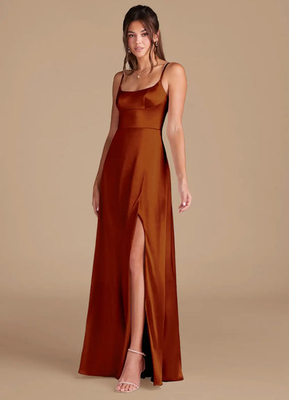 Rust Mermaid Spaghetti Strap Satin High Slit Floor-Length Wedding Dress - Yihuiw by Yihuiw