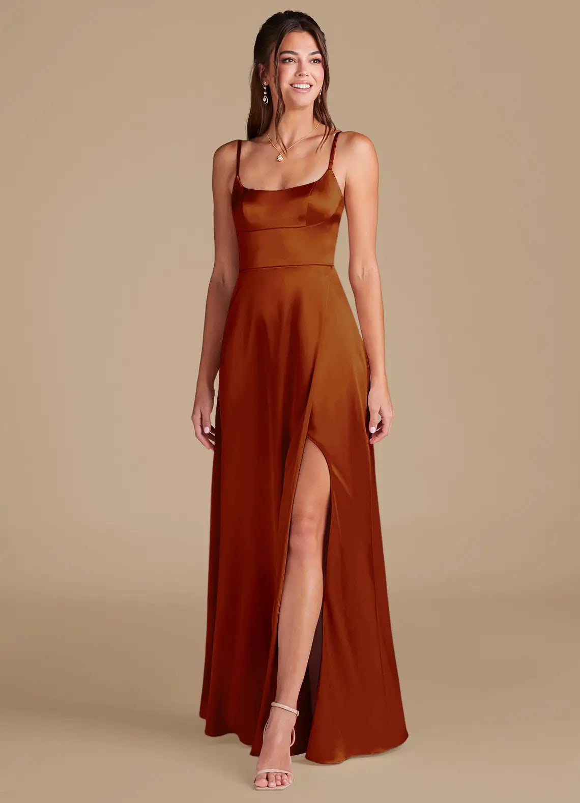 Rust Mermaid Spaghetti Strap Satin High Slit Floor-Length Wedding Dress - Yihuiw by Yihuiw