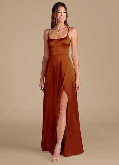 Rust Mermaid Spaghetti Strap Satin High Slit Floor-Length Wedding Dress - Yihuiw by Yihuiw