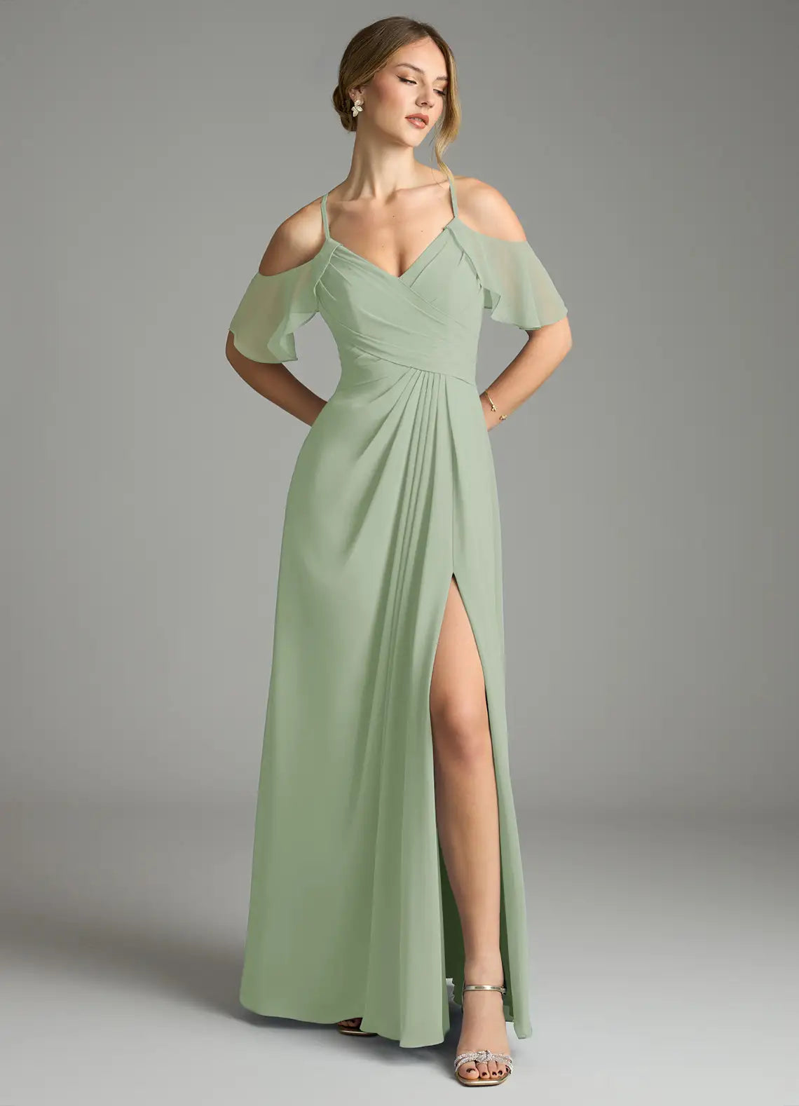 A-Line Chiffon Cold Shoulder High Slit Floor-Length Wedding Dress - Yihuiw by Yihuiw
