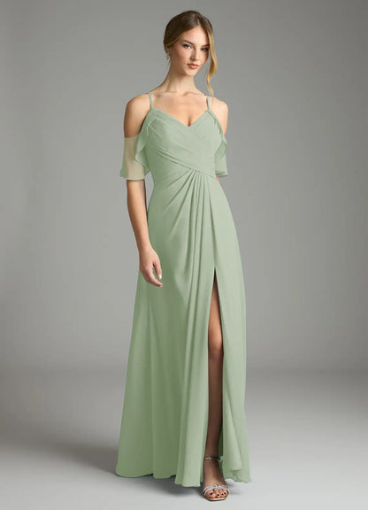 A-Line Chiffon Cold Shoulder High Slit Floor-Length Wedding Dress - Yihuiw by Yihuiw
