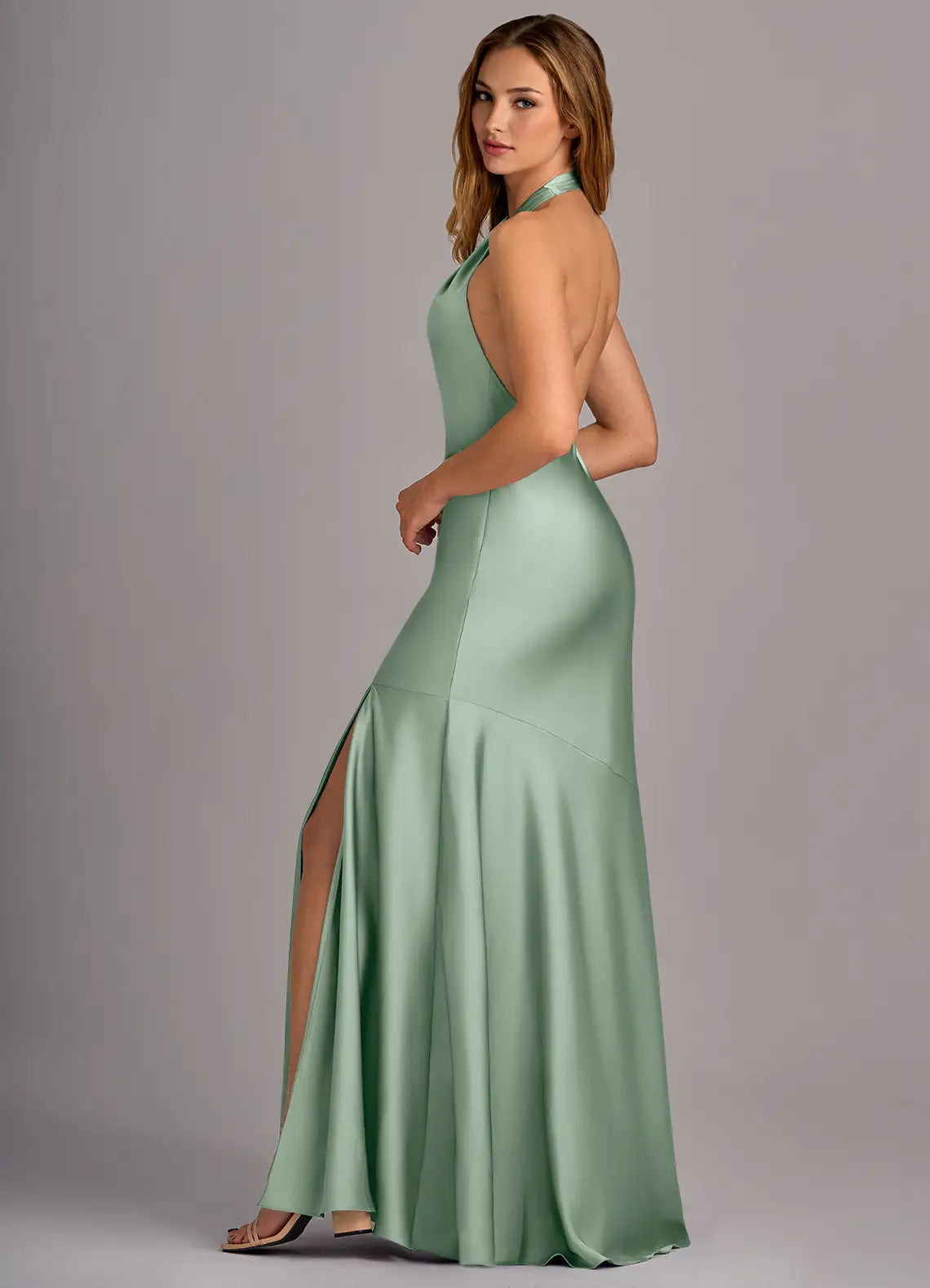 Mermaid Halter Satin Open Back High Slit Floor-Length Wedding Dress - Yihuiw by Yihuiw