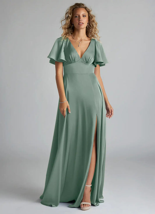 A-Line V-Neck Satin Short Sleeve High Slit Floor-Length Wedding Dress - Yihuiw by Yihuiw