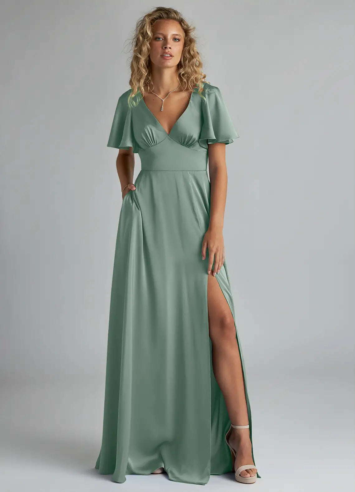 A-Line V-Neck Satin Short Sleeve High Slit Floor-Length Wedding Dress - Yihuiw by Yihuiw