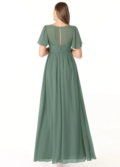 A-Line V-Neck Chiffon Short Sleeve Floor-Length Wedding Dress - Yihuiw by Yihuiw