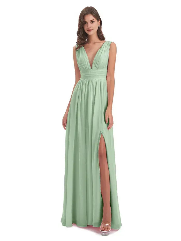 Sage Green A-Line V-Neck Sleeveless High Slit Floor-Length Wedding Dress - Yihuiw by Yihuiw