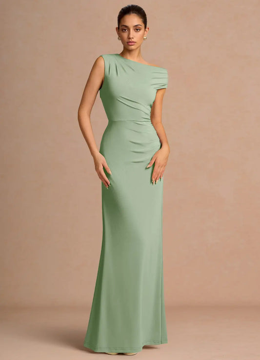 Sage Green Mermaid Off-Shoulder Asymmetric Floor-Length Wedding Dress - Yihuiw by Yihuiw
