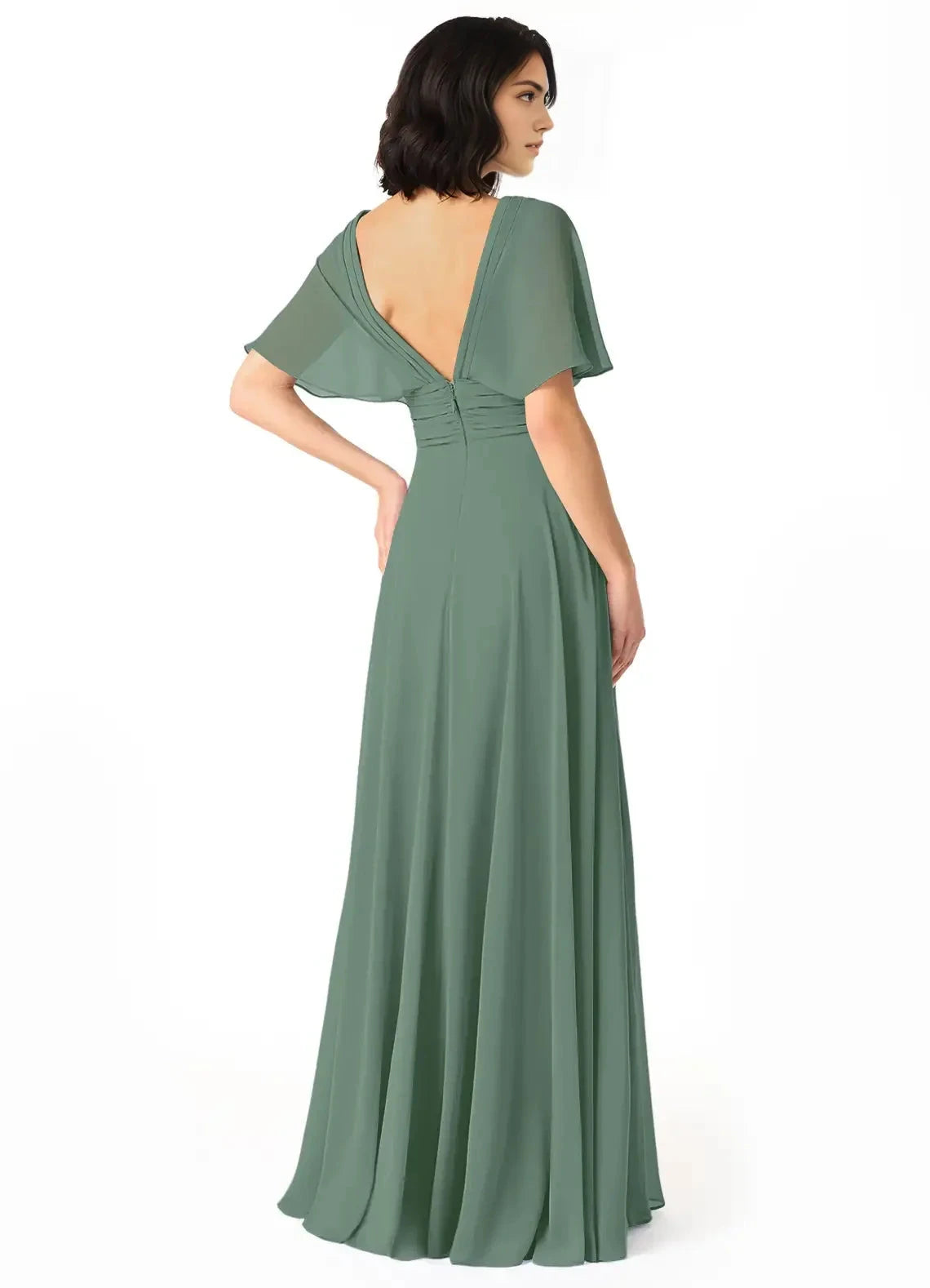 Green Chiffon V-Neck Evening Gown with Flutter Sleeves A-Line V-Neck Pleated Bridesmaid Dresses by YiHuiw