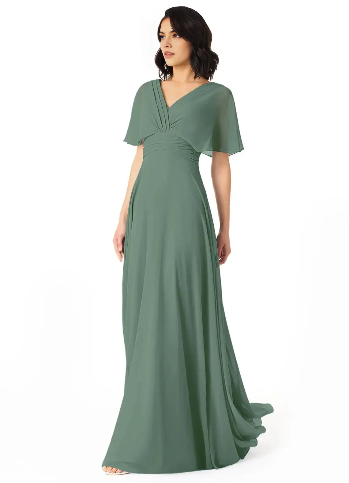 Green Chiffon V-Neck Evening Gown with Flutter Sleeves A-Line V-Neck Pleated Bridesmaid Dresses by YiHuiw
