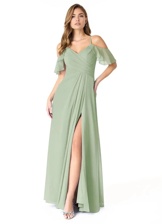 Sage Green Cold-Shoulder Chiffon Maxi Dress with Side Slit Dusty Sage A-Line V-Neck Pleated Chiffon Dress Bridesmaid Dresses by YiHuiw