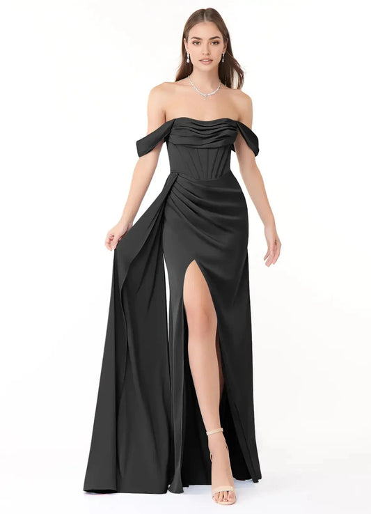 Sage Green Cold-Shoulder Chiffon Maxi Dress with Side Slit Black Sheath Off the Shoulder Stretch Satin Convertible Dress Bridesmaid Dresses by YiHuiw