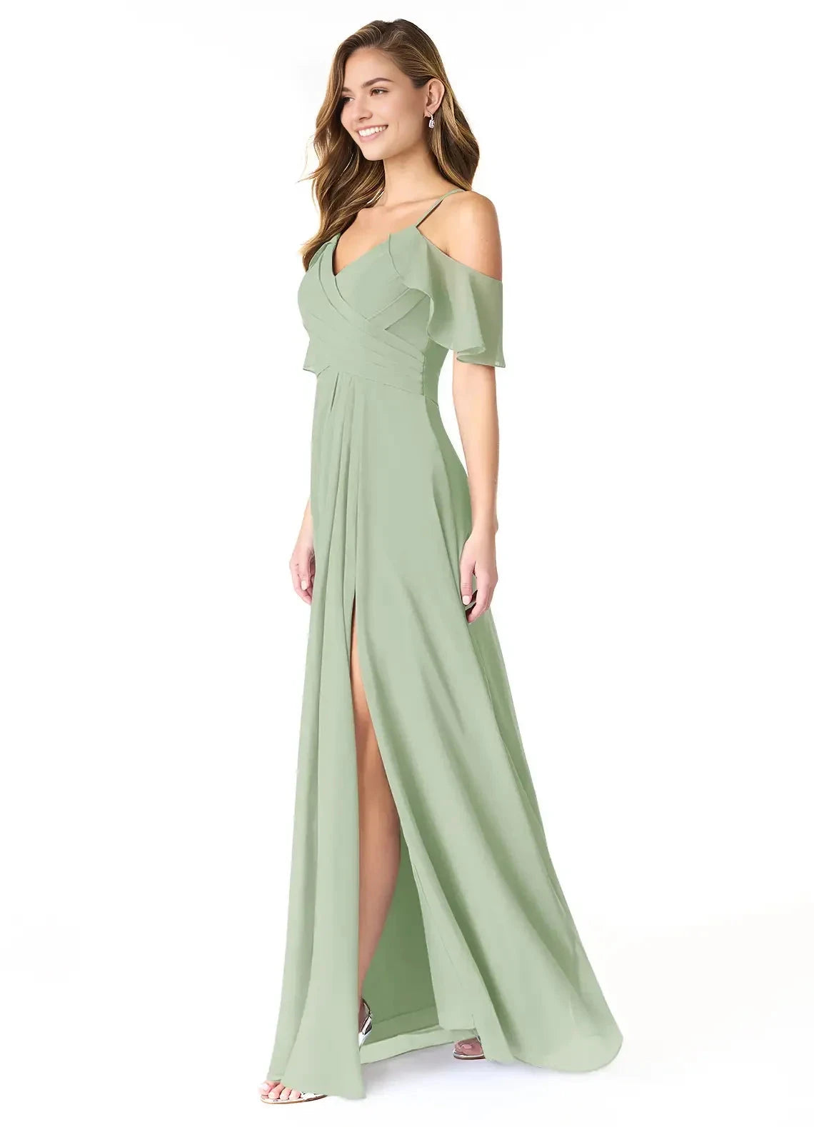 Sage Green Cold-Shoulder Chiffon Maxi Dress with Side Slit Dusty Sage A-Line V-Neck Pleated Chiffon Dress Bridesmaid Dresses by YiHuiw