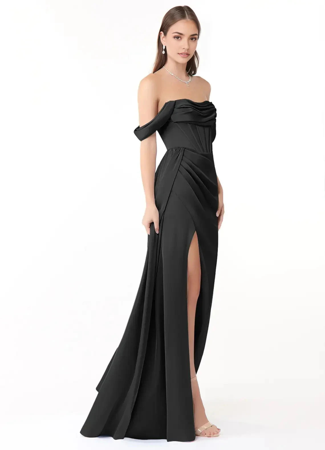 Sage Green Cold-Shoulder Chiffon Maxi Dress with Side Slit Black Sheath Off the Shoulder Stretch Satin Convertible Dress Bridesmaid Dresses by YiHuiw