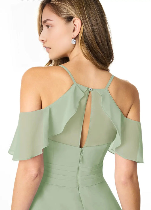 Sage Green Cold-Shoulder Chiffon Maxi Dress with Side Slit Dusty Sage A-Line V-Neck Pleated Chiffon Dress Bridesmaid Dresses by YiHuiw