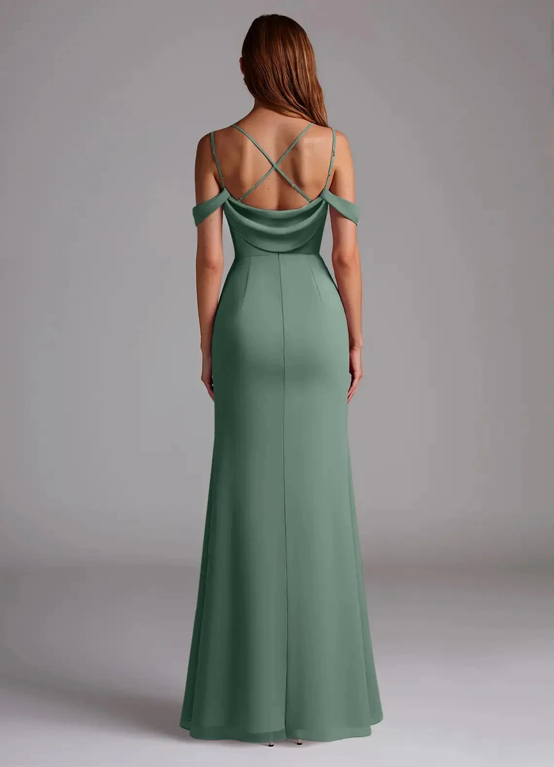 Green Cold-Shoulder Crisscross Back Evening Gown with Side Slit Eucalyptus Mermaid Pleated Chiffon Convertible Bridesmaid Dresses by YiHuiw