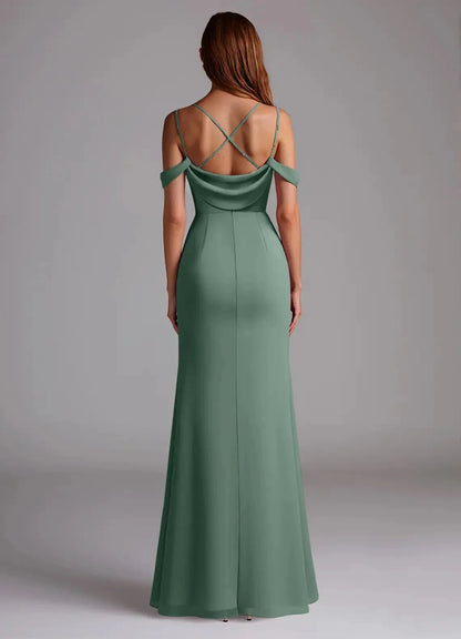 Green Cold-Shoulder Crisscross Back Evening Gown with Side Slit Eucalyptus Mermaid Pleated Chiffon Convertible Bridesmaid Dresses by YiHuiw