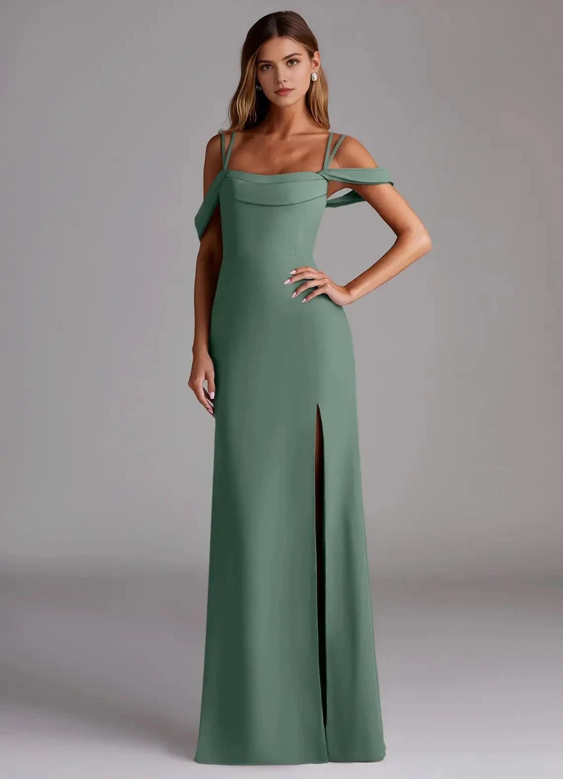 Green Cold-Shoulder Crisscross Back Evening Gown with Side Slit Eucalyptus Mermaid Pleated Chiffon Convertible Bridesmaid Dresses by YiHuiw