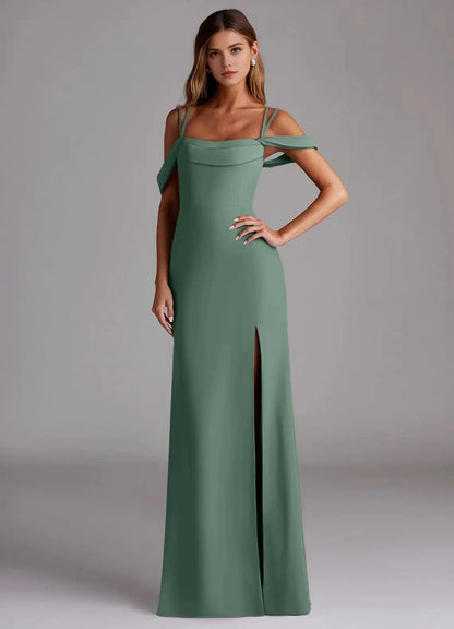 Green Cold-Shoulder Crisscross Back Evening Gown with Side Slit Eucalyptus Mermaid Pleated Chiffon Convertible Bridesmaid Dresses by YiHuiw