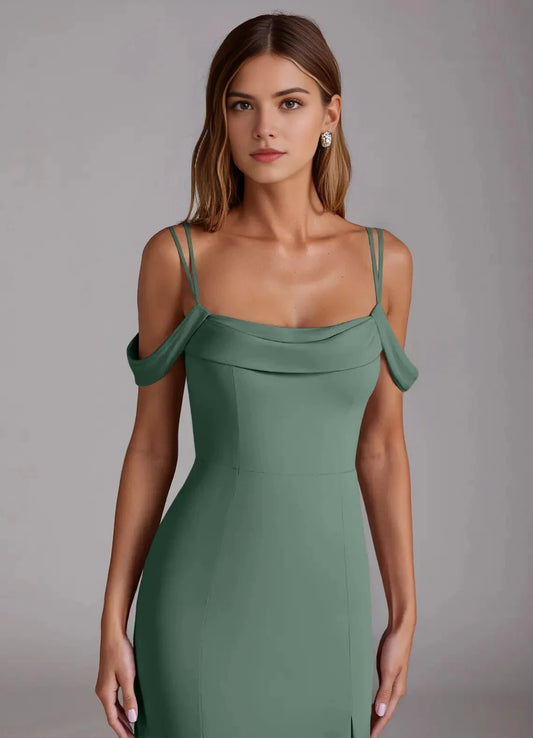 Green Cold-Shoulder Crisscross Back Evening Gown with Side Slit Eucalyptus Mermaid Pleated Chiffon Convertible Bridesmaid Dresses by YiHuiw
