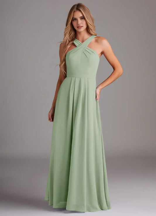 Sage Green A-Line Halter Chiffon Pleated Floor-Length Wedding Dress - Yihuiw by Yihuiw