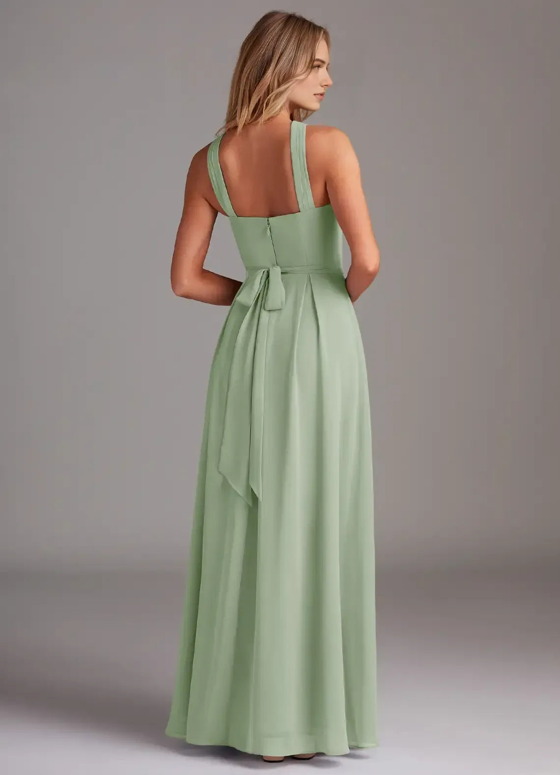 Sage Green A-Line Halter Chiffon Pleated Floor-Length Wedding Dress - Yihuiw by Yihuiw