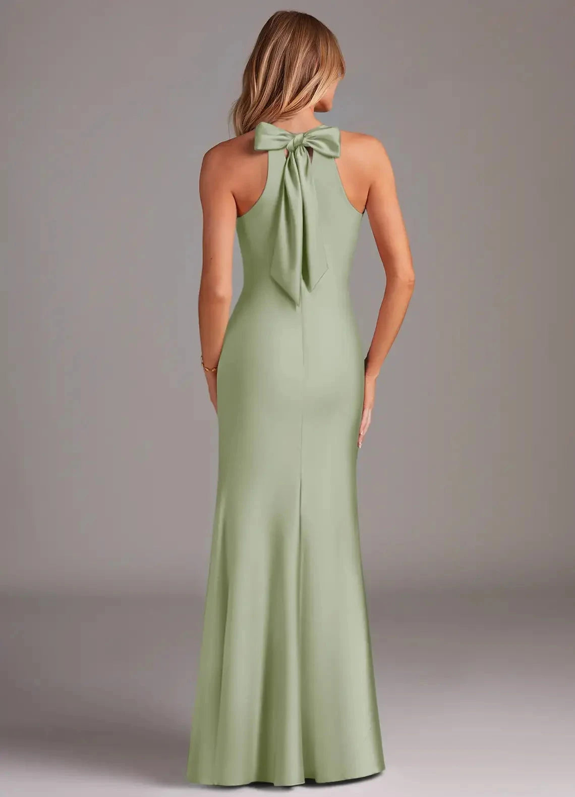 Sage Green Cross Halter Neck Maxi Dress with Back Bow Dusty Sage Mermaid Pleated Stretch Satin Dress Bridesmaid Dresses by YiHuiw