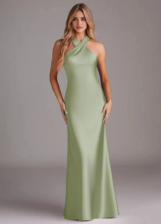 Sage Green Cross Halter Neck Maxi Dress with Back Bow Dusty Sage Mermaid Pleated Stretch Satin Dress Bridesmaid Dresses by YiHuiw