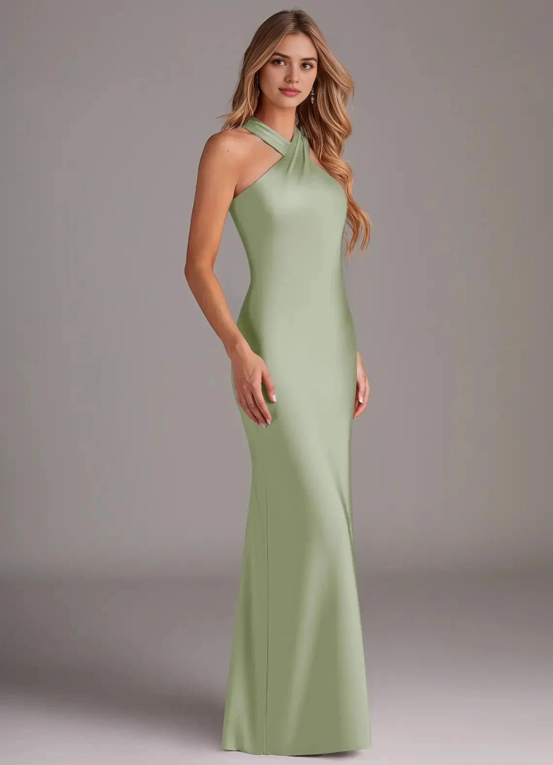 Sage Green Cross Halter Neck Maxi Dress with Back Bow Dusty Sage Mermaid Pleated Stretch Satin Dress Bridesmaid Dresses by YiHuiw