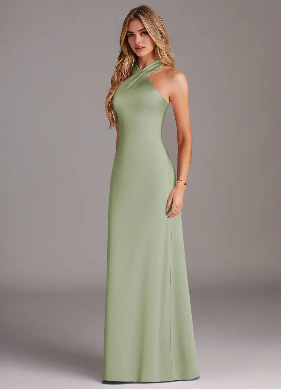 Sage Green Cross Halter Neck Maxi Dress with Back Bow Dusty Sage Mermaid Pleated Stretch Satin Dress Bridesmaid Dresses by YiHuiw
